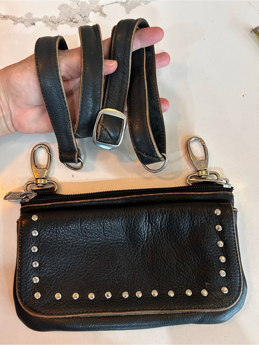 Black Leather Studded Crossbody Bag with Adjustable Strap - Picture 1 of 7